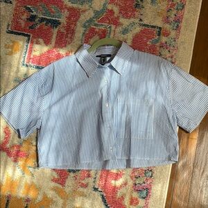 Blue and White Striped Cropped Shirt
